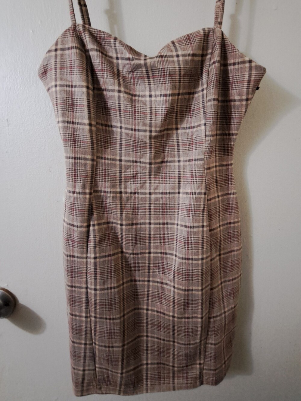 privy Plaid Mini Dress in Brown and Tan with Red Accents